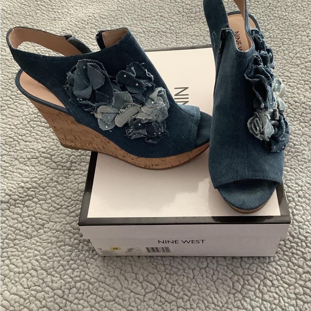 Nine West Denim Blue Floral Wedges